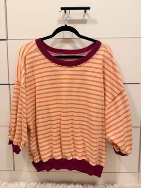 Pilcro Orange & White Striped Long Sleeve Tee with Maroon Trim